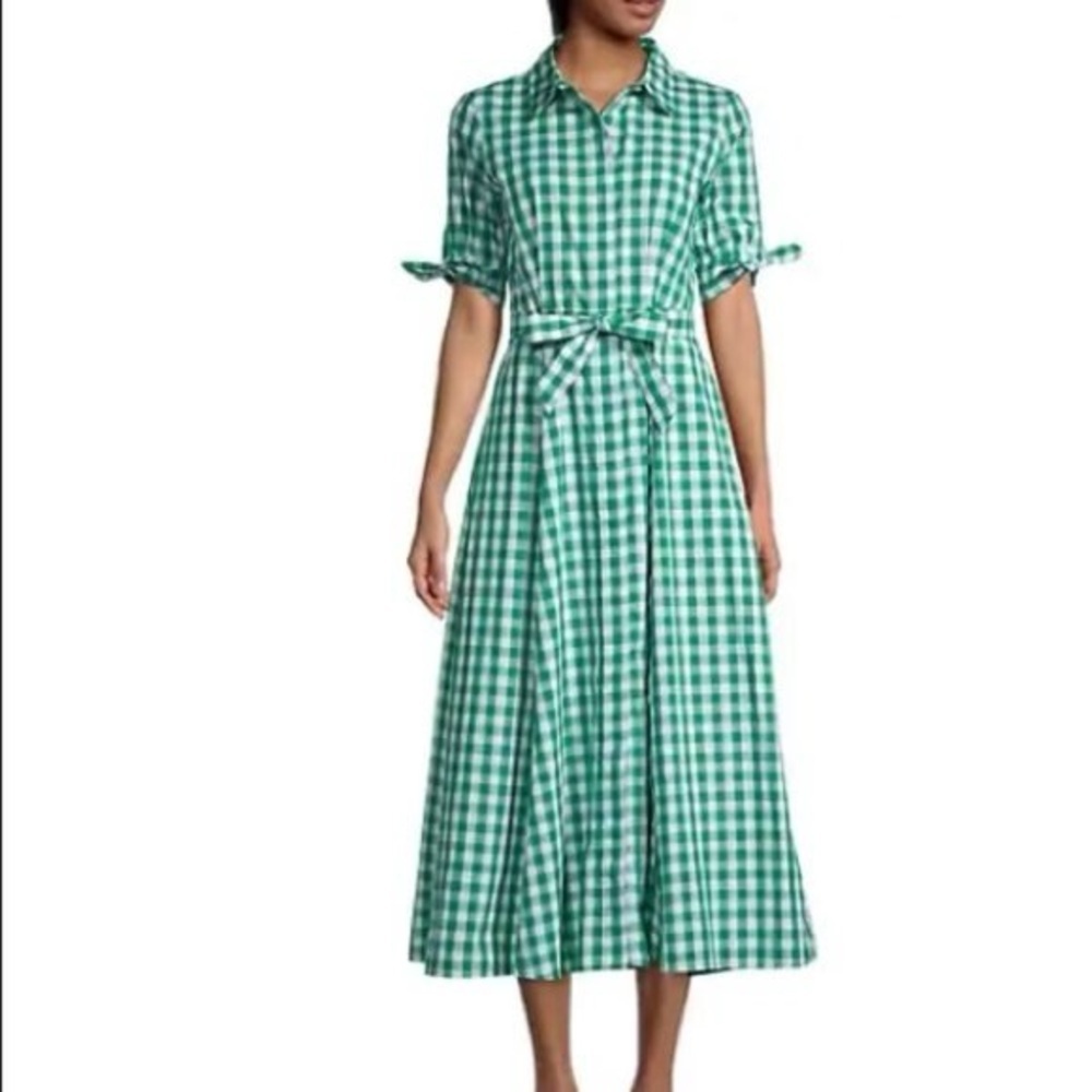 Calvin Klein Gingham Belted Shirtdress Midi Green White Bow Sleeves Size 6